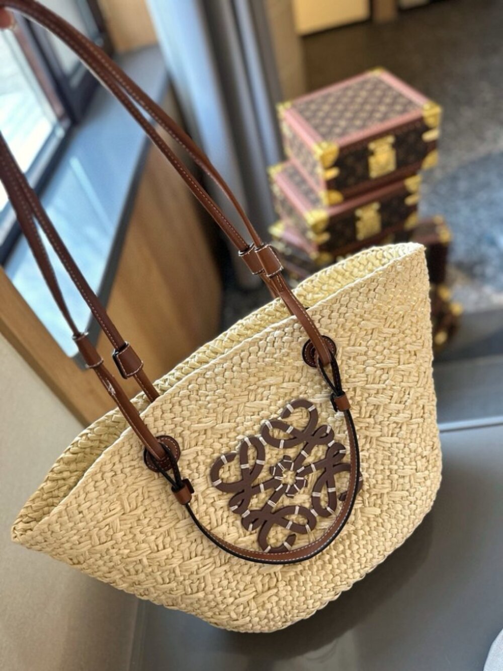 Loewe Small Anagram Basket Straw Shoulder Bag Natural Tan Leather